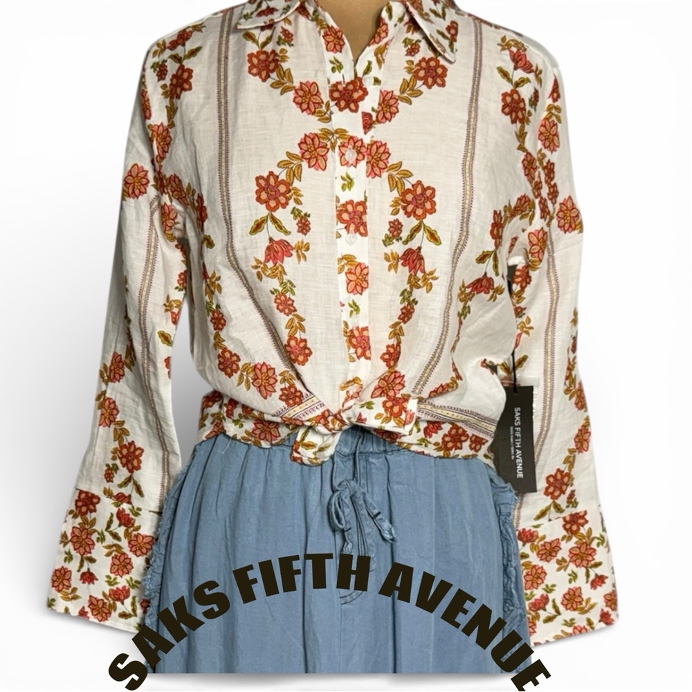 SAKS FIFTH AVENUE 100% Linen Bell-Sleeve Button-Down Top floral embroidery print